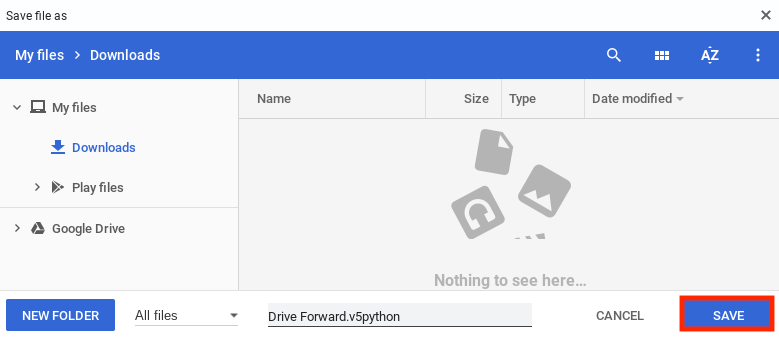 Icono que representa la función 'Guardar' para proyectos Python en VEX V5, ilustrando la acción de guardar el trabajo dentro del software.