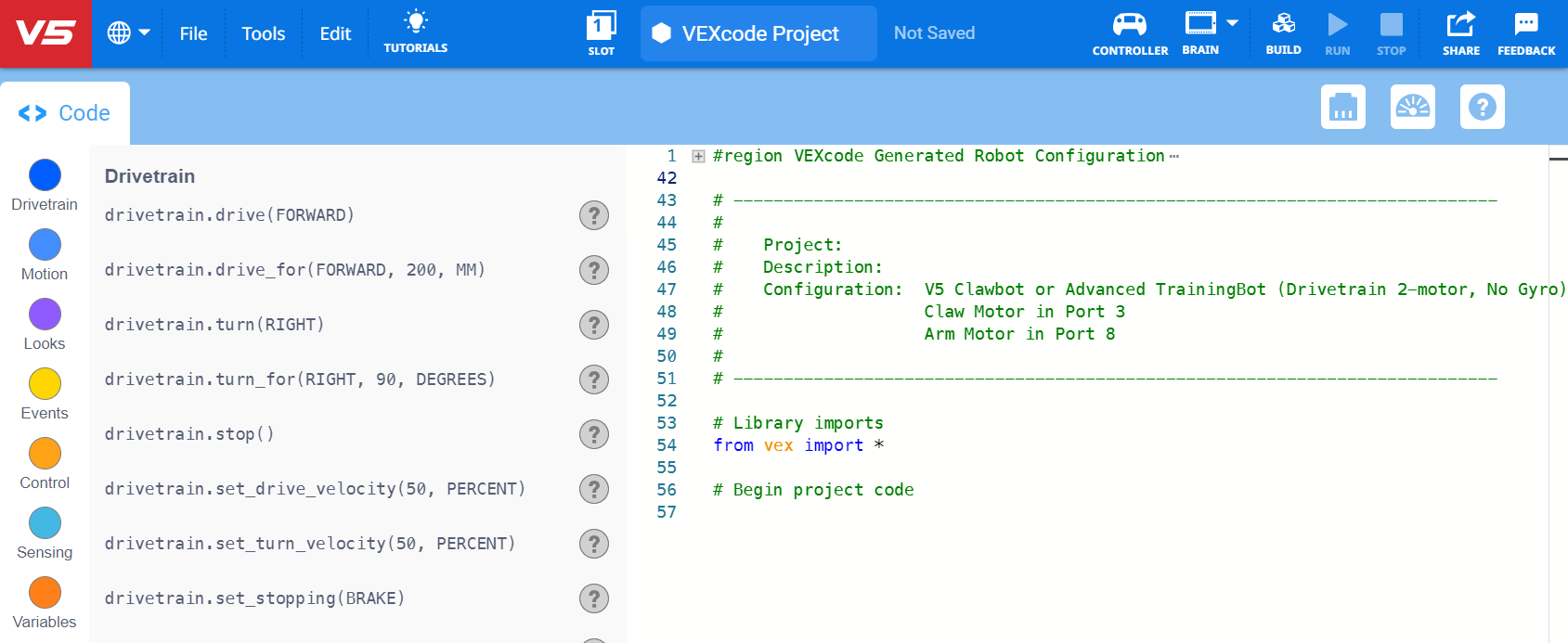 Interfaccia VEXcode V5 con il motore Clawbot Drivetrain 2. Nessun modello Gyro aperto nell'area di lavoro.