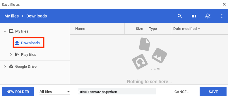 Screenshot dell'interfaccia software VEX V5 che mostra il comando 'Drive Forward' nel contesto dell'apertura e del salvataggio di progetti Python.