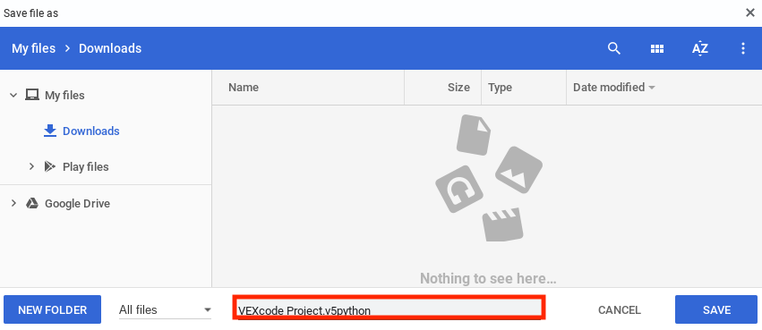 Captura de pantalla de la interfaz VEXcode que muestra un proyecto Python abierto, que ilustra las características para administrar y guardar proyectos en el entorno de programación robótica V5.
