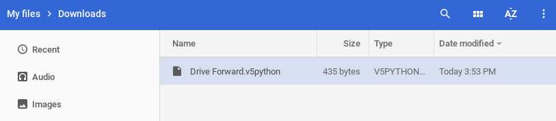Capture d'écran de l'interface « Mes téléchargements de fichiers » dans Vex Robotics V5, montrant les options d'ouverture et d'enregistrement de projets Python, avec les fonctionnalités de gestion de fichiers mises en évidence.