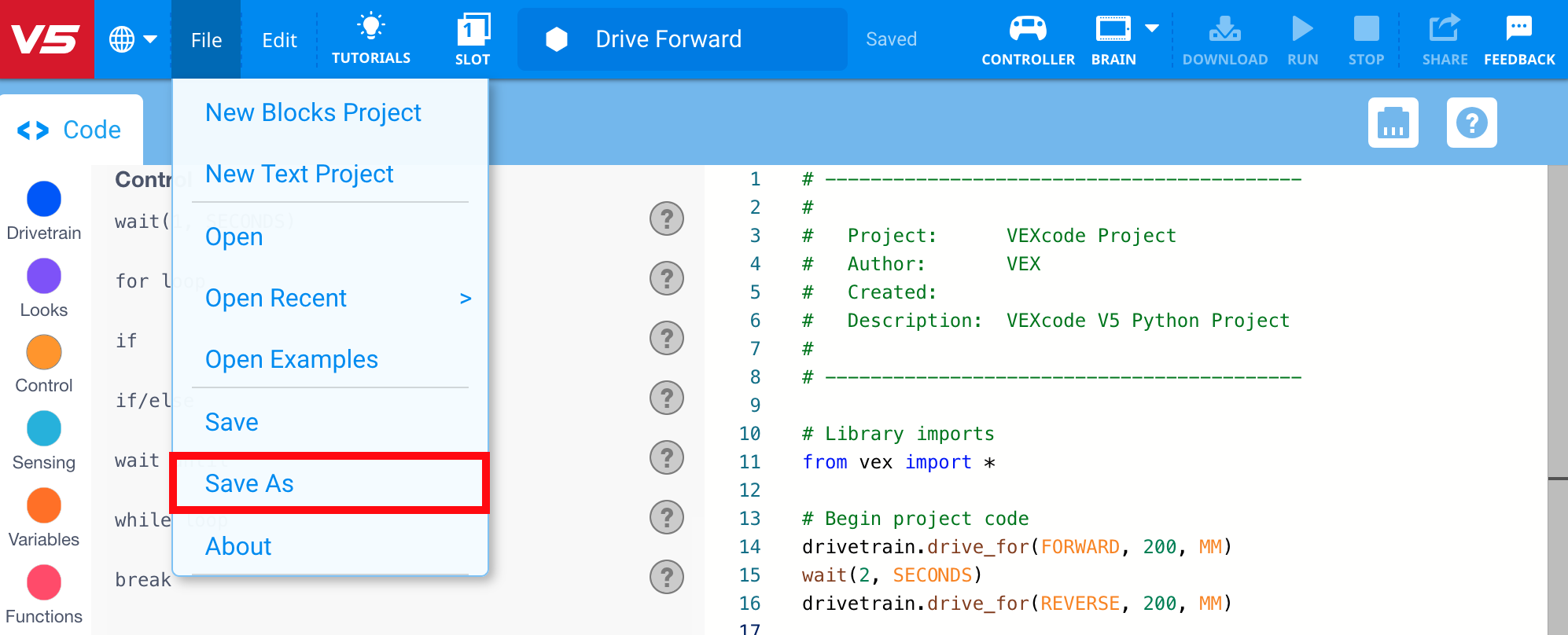 VEXcode V5'teki 'Farklı Kaydet' iletişim kutusunun ekran görüntüsü, dosya adı girişi ve dosya türü seçimi dahil olmak üzere Python projelerini kaydetme seçeneklerini gösteriyor.