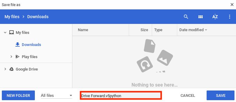 Zrzut ekranu interfejsu oprogramowania VEX V5 przedstawiający polecenie „Drive Forward” w kontekście otwierania i zapisywania projektów Python.