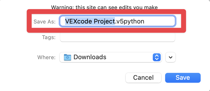 Caixa de diálogo do projeto no macOS mostrada com áreas para escolher o nome do arquivo, local do download e tags. Uma caixa de destaque vermelha está ao redor da opção de nome do projeto.