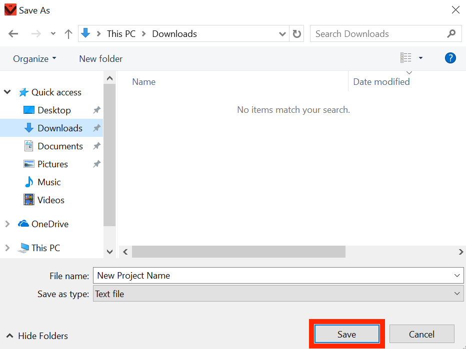 Dialoogmenu Opslaan als van Windows-apparaat met de knop Opslaan rechtsonder gemarkeerd in het rood.