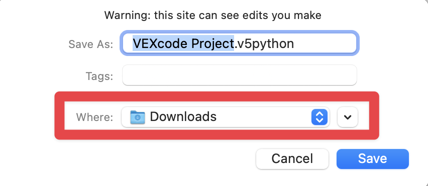 Hộp thoại Project trên macOS hiển thị các khu vực để chọn tên tệp, vị trí tải xuống và thẻ. Một hộp đánh dấu màu đỏ nằm xung quanh danh sách thả xuống vị trí tải xuống.