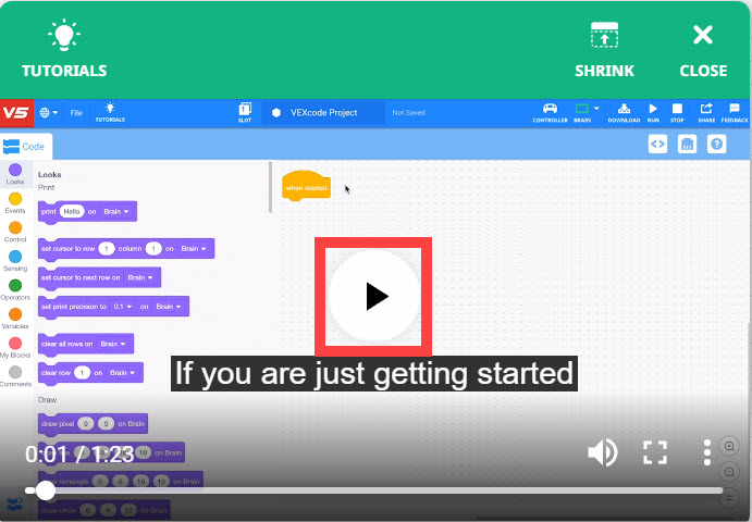 Captura de tela da seção Ajuda do Projeto VEX V5, exibindo uma interface de usuário com vários recursos e ferramentas de projeto para educação em robótica.