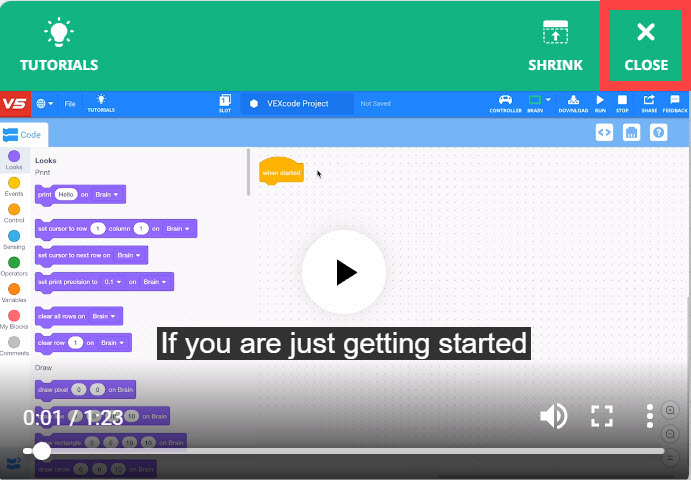 Captura de pantalla de la sección de Ayuda del proyecto VEX V5, que muestra una descripción detallada y un diseño visual de los recursos del proyecto y las opciones de soporte disponibles para los usuarios.