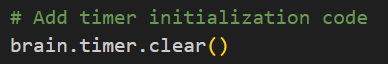 Schermafbeelding van het VEX V5-timerresetproces in Python, met illustratie van hoe u de timerwaarde terugzet op 0 seconden vóór het verzamelen van gegevens.