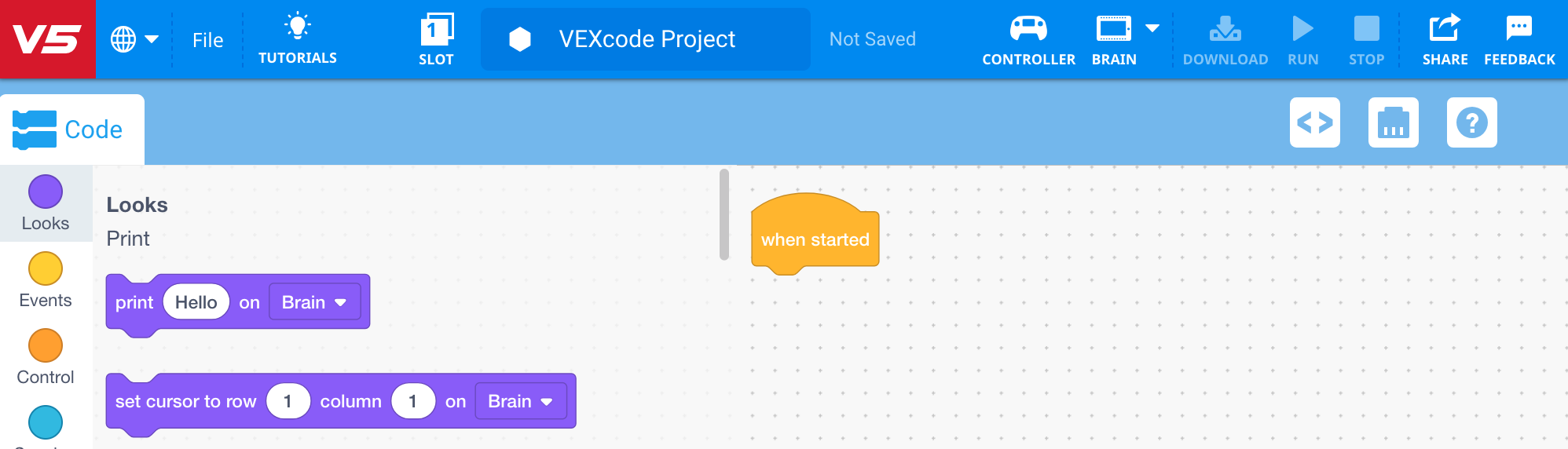 Знімок екрана інтерфейсу VEXcode V5, який демонструє екран запуску для навчальних посібників Python у категорії V5, що містить різні варіанти програмування та інструменти для розробки робототехніки.