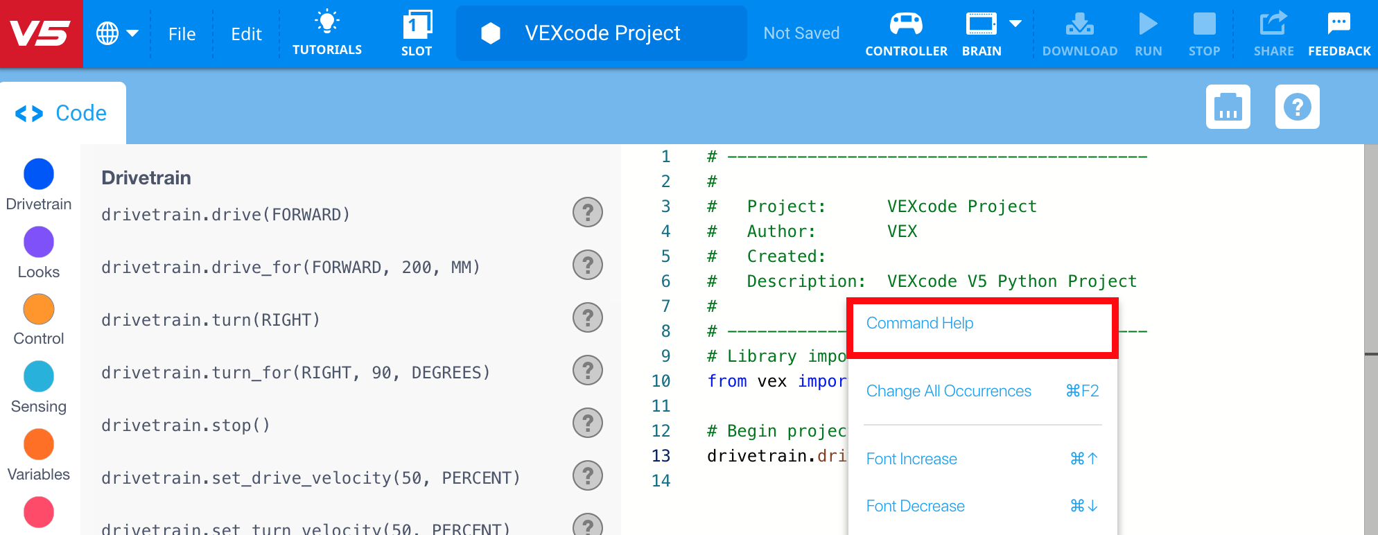 Snímek obrazovky kontextové nabídky ve výukových programech V5 Python, zobrazující různé možnosti, které si uživatelé mohou vybrat, včetně „Spustit“, „Upravit“ a „Odstranit“.