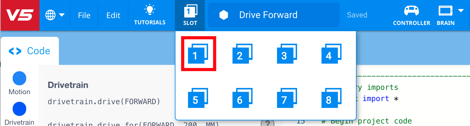Diagramma che illustra la configurazione degli slot per la robotica V5, evidenziando la disposizione dei componenti e delle connessioni rilevanti per i tutorial Python nella categoria V5.