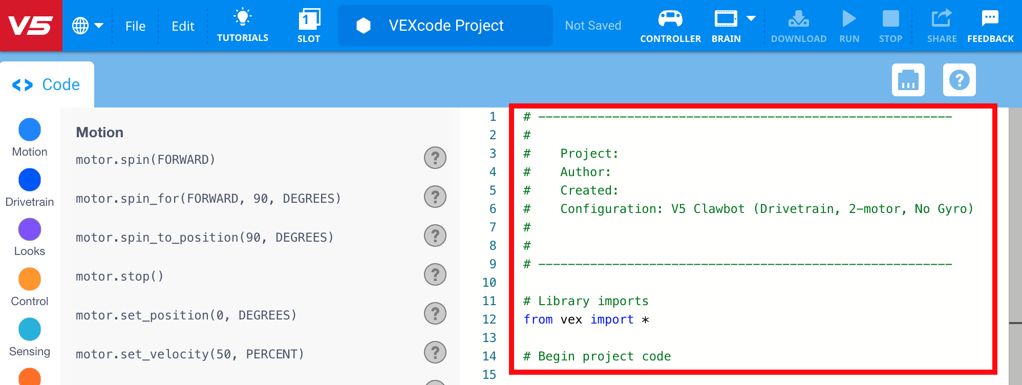 V5 カテゴリ説明の Python チュートリアル セクションにある「コメントの追加」機能を示す Vex Robotics プラットフォームのスクリーンショット。読みやすさと理解度を向上させるために Python コードにコメントを挿入する方法が強調表示されています。