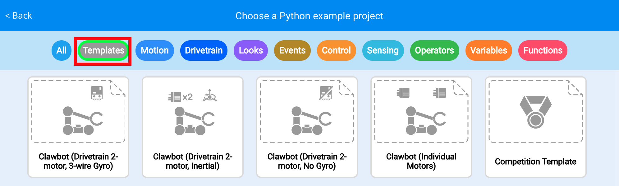 Python veidņu filtra ekrānuzņēmums, kas ilustrē VEX Robotics zināšanu bāzes V5 kategoriju aprakstiem pieejamās filtrēšanas opcijas.