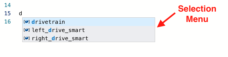 Captura de tela de um menu de seleção nos tutoriais Python do VEX V5, exibindo várias opções para programar e controlar robôs VEX.
