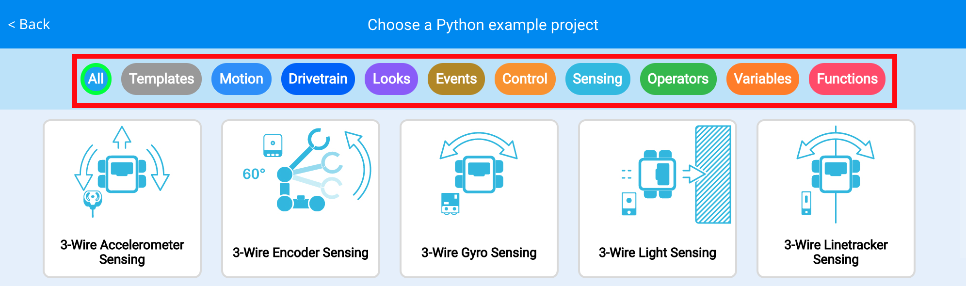 Interfaccia della barra dei filtri per i tutorial Python V5, che visualizza varie opzioni di filtraggio per aiutare gli utenti a navigare e selezionare contenuti specifici relativi alla programmazione V5.