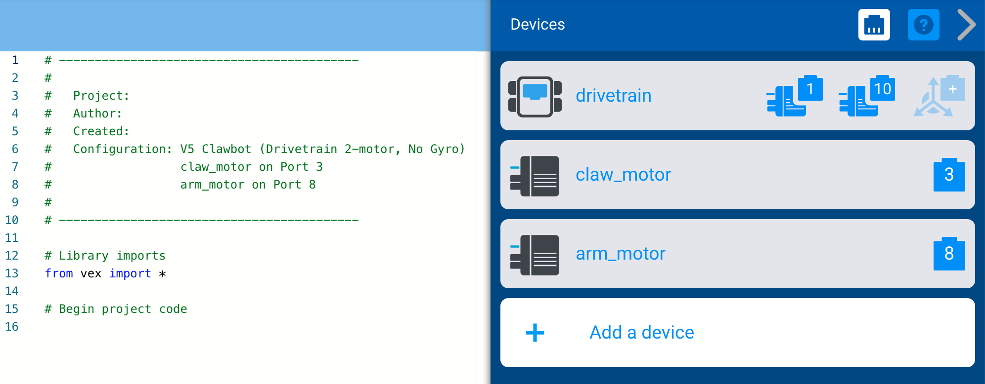 Captura de tela de uma interface de configuração de dispositivo VEX V5, ilustrando o processo de configuração para tutoriais de programação Python.