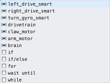 Diagrama de flujo que ilustra los comandos de espacio de control en los tutoriales de programación VEX V5 Python, que representan varias acciones de programación y sus relaciones.