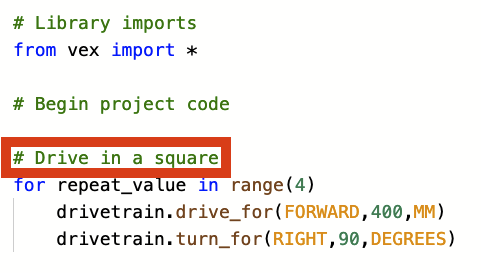 VEX Knowledge Base'deki V5 Kategori Açıklaması bölümünün bir parçası olan kod örneklerini ve açıklamalarını gösteren bir Python öğretici arayüzünün ekran görüntüsü.