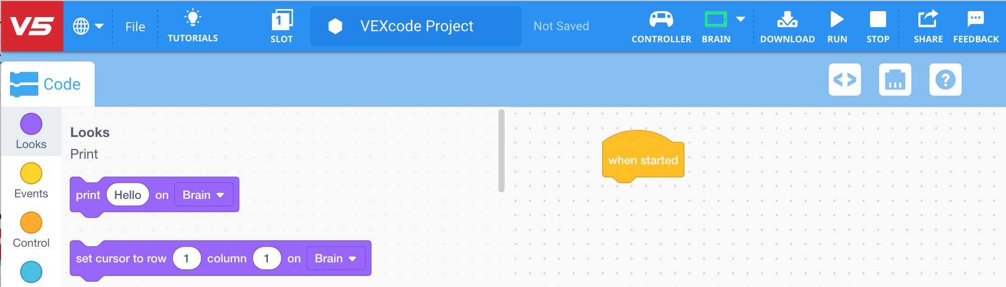 Ảnh chụp màn hình giao diện khối V5 được sử dụng trong hướng dẫn Python, giới thiệu nhiều khối lập trình khác nhau và cách sắp xếp chúng cho mục đích giáo dục về robot.