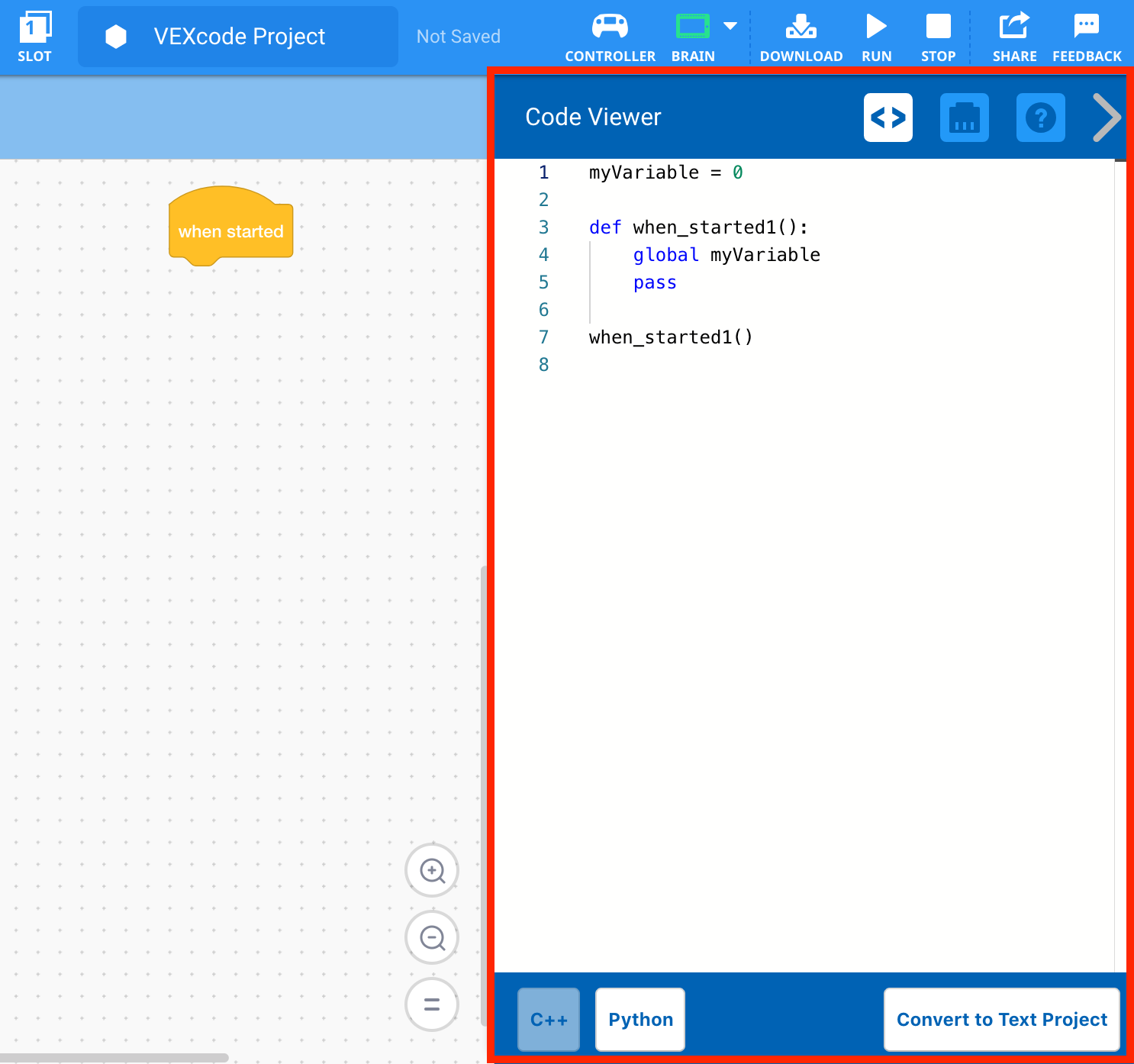 Ảnh chụp màn hình cửa sổ Code Viewer trong VEXcode V5, làm nổi bật các tính năng và chức năng chính cho hướng dẫn lập trình Python.