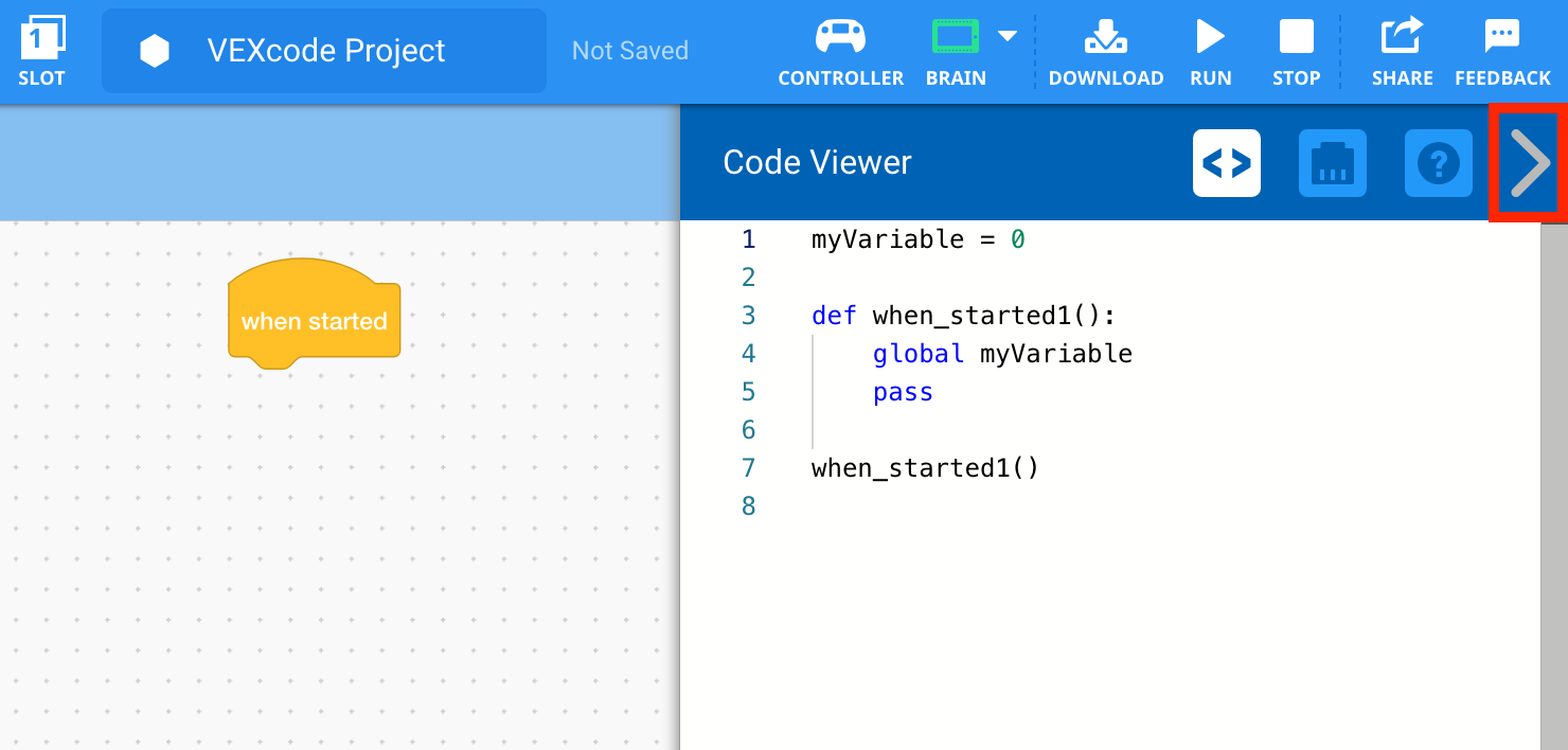 V5 카테고리 설명에 있는 Python 튜토리얼과 관련된 뷰어를 닫는 옵션을 보여주는 VEXcode V5 코드 뷰어 인터페이스의 스크린샷입니다.
