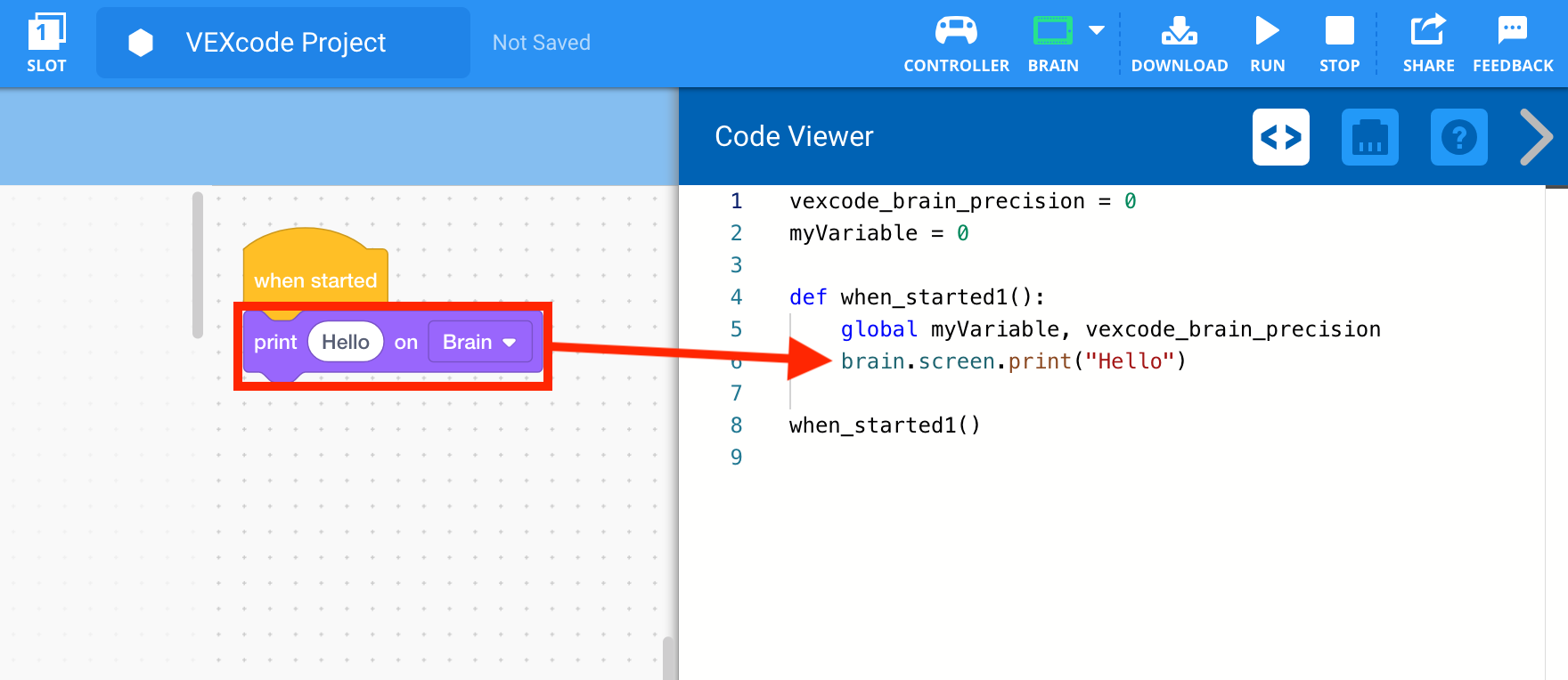 ภาพหน้าจอที่แสดงโค้ด Python ที่ถูกเพิ่มลงในหน้าต่าง แสดงให้เห็นฟีเจอร์จากบทช่วยสอน Python V5 บน VEX Knowledge Base