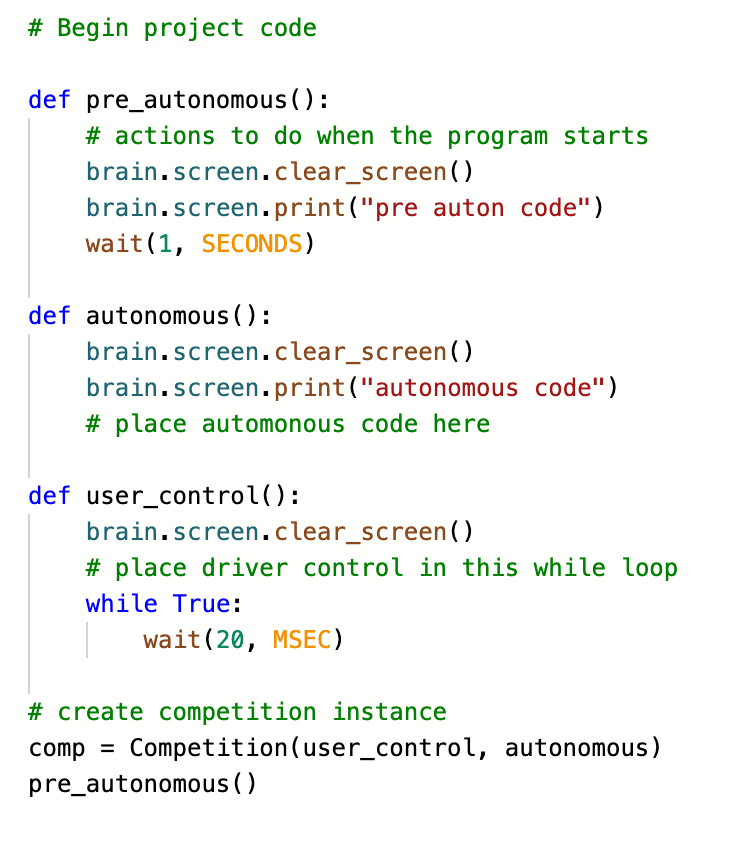Python チュートリアル用の VEX V5 ロボット システムの主要コンポーネントを示す図。センサー、モーター、制御要素が強調表示されています。