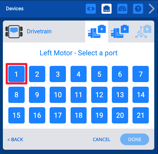 Порт таңдау терезесінің жоғарғы жағында Left Motor Select a Port жазуы бар және жоғарғы сол жақ бұрышта 1 түймесі бар 7 түймеден тұратын үш қатардағы 1-21 порттары үшін опцияларды көрсетеді. 1-порт қызыл жолақпен бөлектеледі.