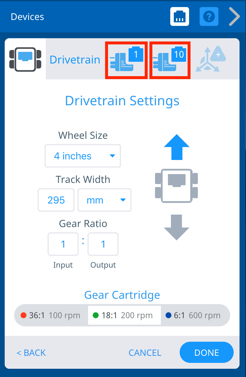 Drivetrain Settings терезесі терезенің жоғарғы оң жағында орнатылған порттар белгішелері бөлектелген қызыл жолақтармен көрсетіледі. Төменде доңғалақ өлшемі, беріліс нормасы және беріліс картриджі, сондай-ақ жетекті бағыттау параметрлері берілген.