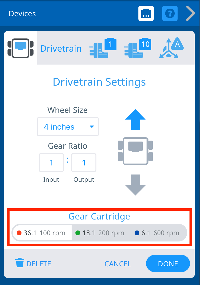 Jendela Pengaturan Drivetrain dengan opsi Kartrid Gigi disorot dalam kotak merah di bagian bawah jendela di bawah Ukuran Roda, Rasio Gigi, dan Arah Drivetrain. Kartrid Roda Gigi yang dipilih adalah 36 sampai 1.100rpm.