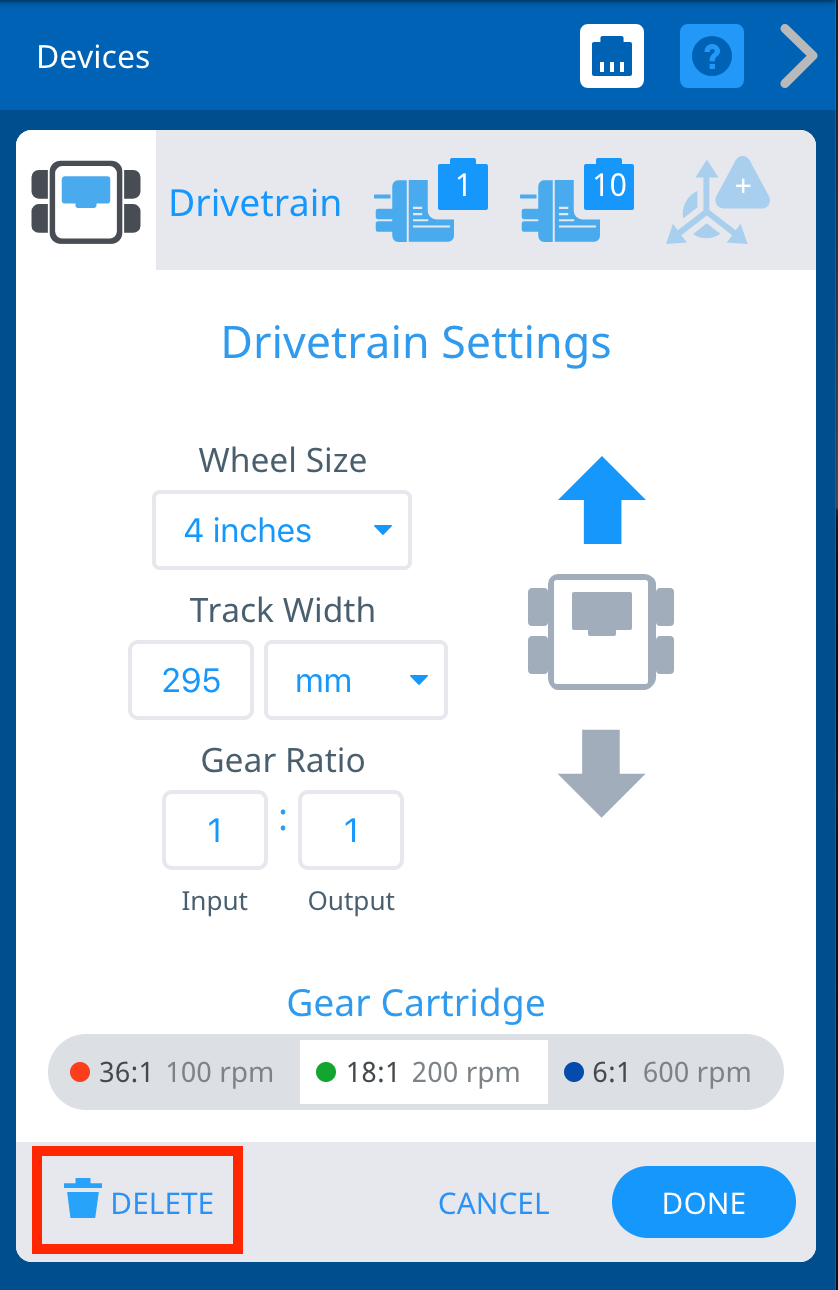 La ventana Configuración de transmisión con el botón Eliminar en la esquina inferior izquierda, a la izquierda de los botones Cancelar y Listo, resaltado en un cuadro rojo que indica qué seleccionar para eliminar una transmisión de una configuración.