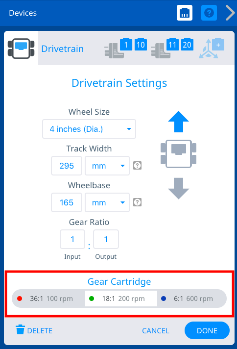 Okno Drivetrain Settings s možnostmi Gear Cartridge zvýrazněnými v červeném rámečku ve spodní části okna pod Wheel Size, Gear Ratio a Drivetrain Direction. Je vybrána převodová kazeta 36 až 1 100 ot./min.