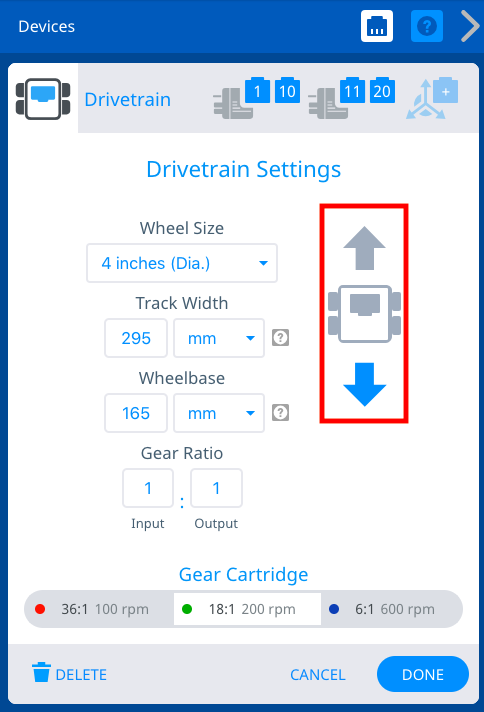 Okno Drivetrain Settings s červeným rámečkem kolem ikony robota vpravo od nastavení Wheel Size a Gear Ratio. Šipka označující směr vpřed je šedá a šipka označující směr vzad je modrá, což ukazuje, že hnací ústrojí bylo obráceno.