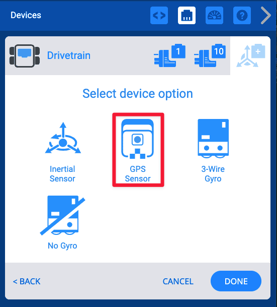 A janela de configuração do sistema de transmissão apresenta a opção Selecionar dispositivo na parte superior e mostra ícones para as opções Sensor inercial, Sensor GPS, Giroscópio de 3 fios e Sem giroscópio. O Sensor GPS está destacado com uma caixa vermelha.