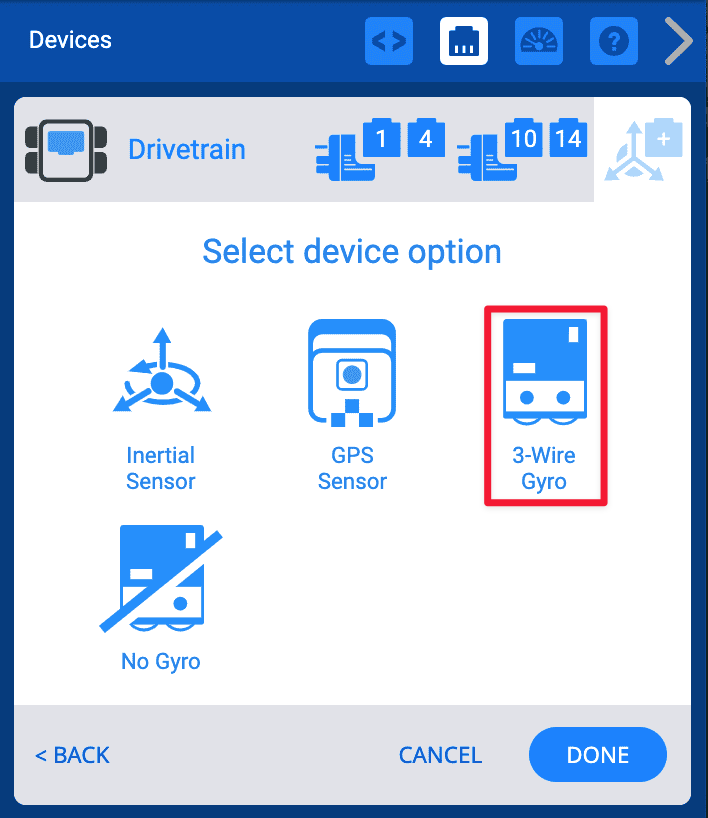 La fenêtre de configuration de la transmission indique l'option Sélectionner l'appareil en haut et affiche les icônes pour les options Capteur inertiel, Capteur GPS, Gyroscope à 3 fils et Aucun gyroscope. Le gyroscope à 3 fils est mis en évidence par un cadre rouge.