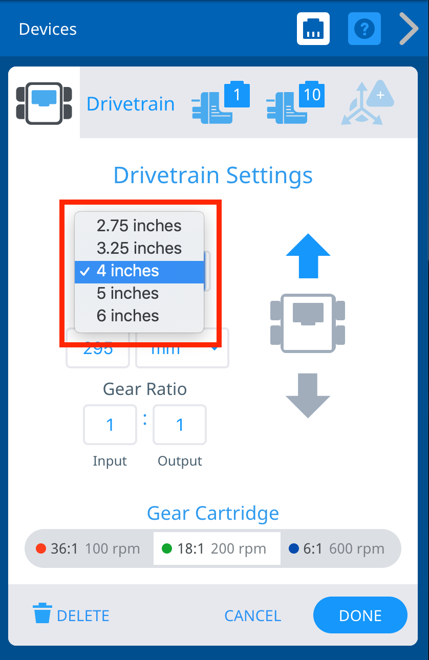 La ventana de configuración de la transmisión con el menú desplegable para el tamaño de la rueda abierto. Las opciones dicen 2.75 pulgadas, 3.25 pulgadas, 4 pulgadas, 5 pulgadas y 6 pulgadas. Se seleccionan 4 pulgadas con una marca de verificación. El resto de la ventana muestra la configuración del ancho de vía, la distancia entre ejes, la relación de transmisión, el cartucho de engranajes y la dirección del tren de transmisión.