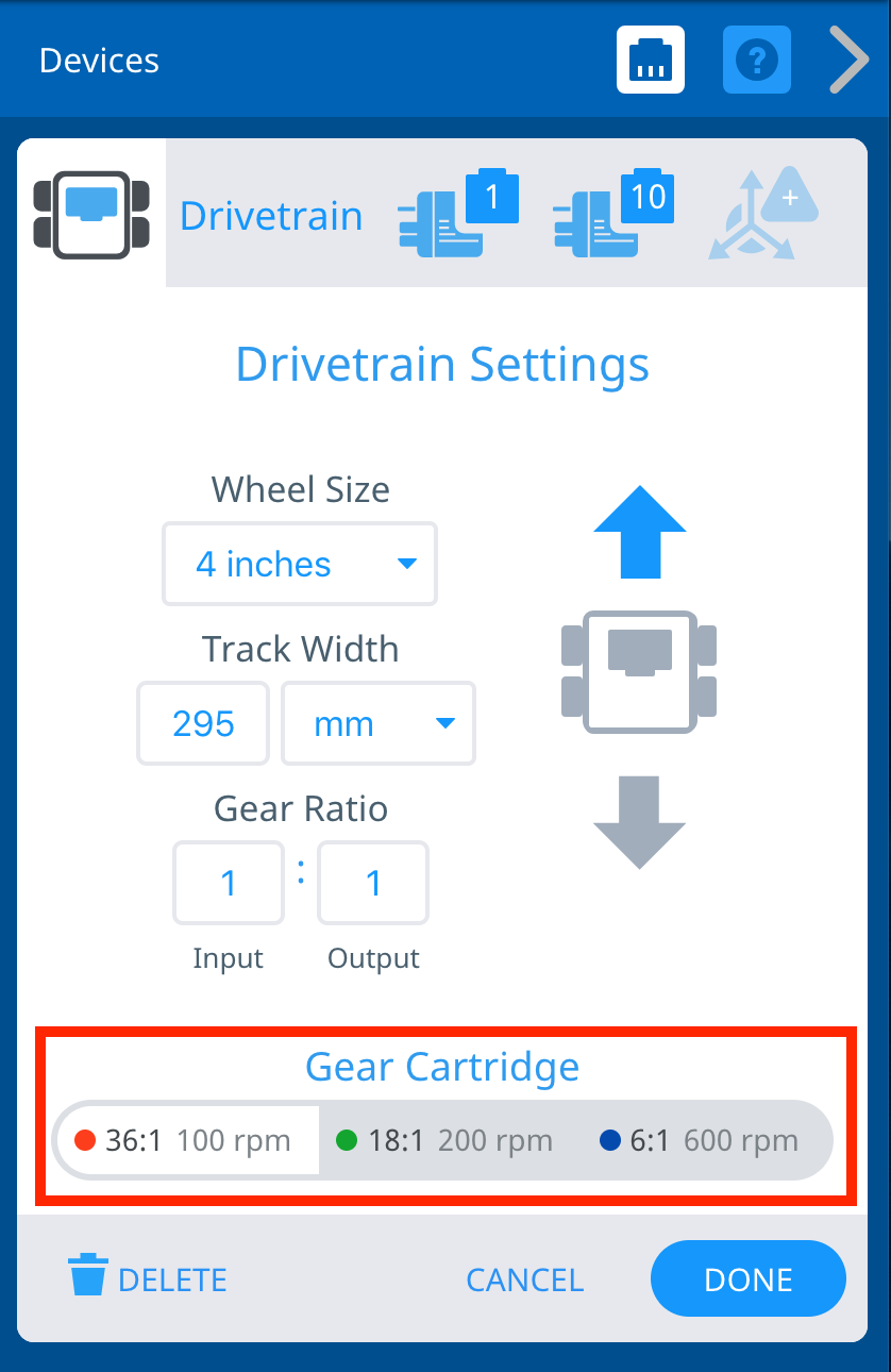 La ventana Configuración del tren motriz con las opciones del cartucho de engranajes resaltadas en un cuadro rojo en la parte inferior de la ventana debajo del tamaño de la rueda, la relación de transmisión y la dirección del tren motriz. Se selecciona el Cartucho de engranajes de 36 a 1 100 rpm.