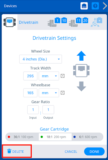 La ventana Configuración del tren motriz con el botón Eliminar en la esquina inferior izquierda, a la izquierda de los botones Cancelar y Listo, resaltado en un cuadro rojo que indica qué seleccionar para eliminar un tren motriz de una configuración.