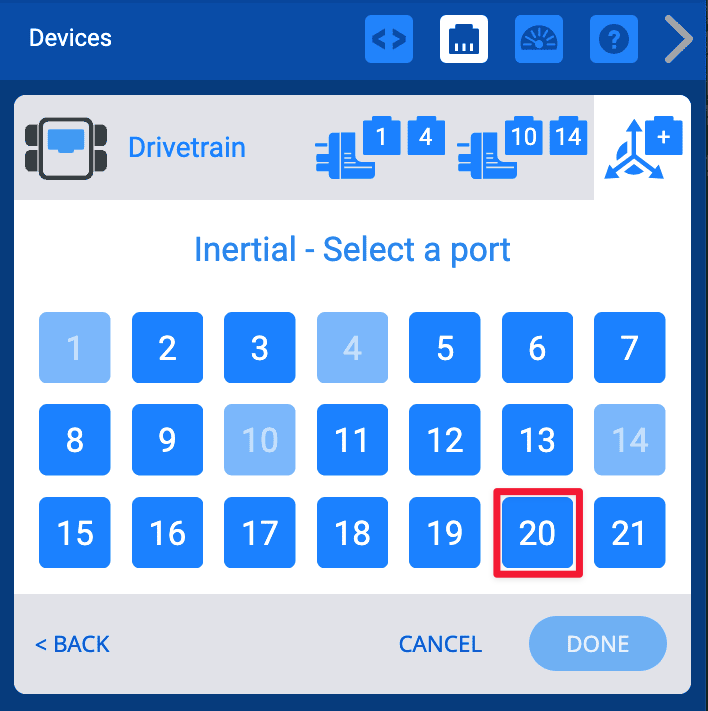 পোর্ট নির্বাচন উইন্ডোটি শীর্ষে Inertial Select a Port পড়ে এবং উপরের বাম কোণে 1টি সহ 7টি বোতামের তিনটি সারিতে 1-21 পোর্টের বিকল্পগুলি দেখায়। পোর্ট 20 একটি লাল বাক্স দিয়ে হাইলাইট করা হয়েছে।