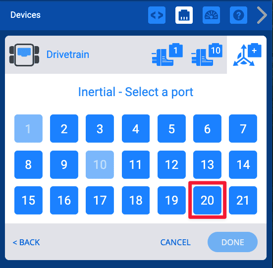 La fenêtre de sélection de port indique « Inertial Select a Port » en haut et affiche les options pour les ports 1 à 21 sur trois rangées de 7 boutons avec 1 dans le coin supérieur gauche. Le port 20 est mis en évidence par un cadre rouge.