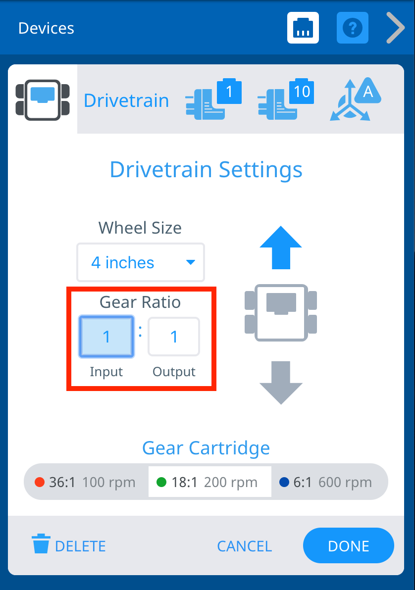 La ventana Configuración del tren motriz con la relación de transmisión resaltada. La relación actual se lee Entrada 1 Salida 1 y se resalta en un cuadro rojo para indicar qué seleccionar para actualizar la relación de transmisión. Arriba están las configuraciones del tamaño de la rueda y abajo están las selecciones del cartucho de engranaje.