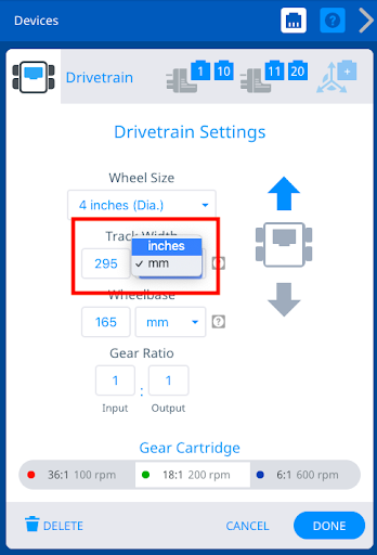 La ventana Configuración del tren motriz con el ancho de vía resaltado. El ancho de vía actual es de 295 mm y está resaltado en un cuadro rojo para indicar qué seleccionar para actualizar las dimensiones y unidades del ancho de vía. Arriba están las configuraciones de tamaño de rueda, y debajo están las selecciones de distancia entre ejes, relación de engranajes y cartucho de engranajes.