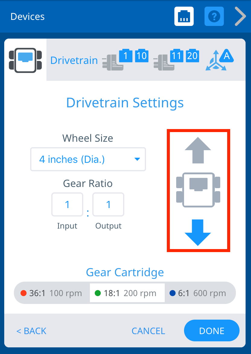Okno Drivetrain Settings s červeným rámečkem kolem ikony robota vpravo od nastavení Wheel Size a Gear Ratio. Šipka označující směr vpřed je šedá a šipka označující směr vzad je modrá, což ukazuje, že hnací ústrojí bylo obráceno.