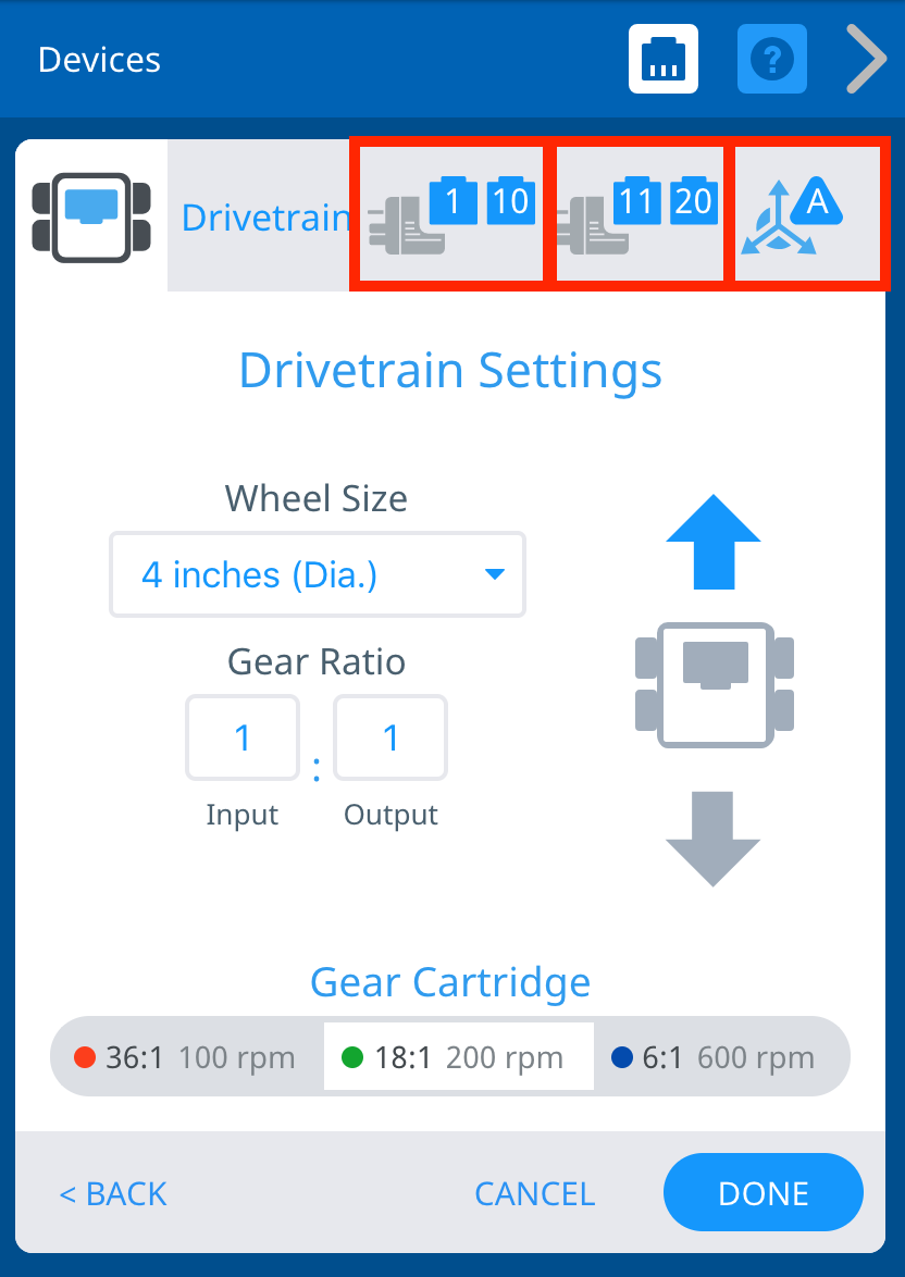 Drivetrain Settings терезесі терезенің жоғарғы оң жағында орнатылған порттар белгішелері бөлектелген қызыл жолақтармен көрсетіледі. Төменде доңғалақ өлшемі, беріліс нормасы және беріліс картриджі, сондай-ақ жетекті бағыттау параметрлері берілген.