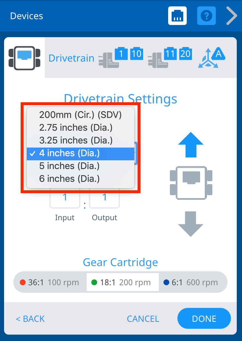 Jendela Pengaturan Drivetrain dengan menu tarik-turun untuk Ukuran Roda terbuka. Pilihannya adalah 2,75 inci, 3,25 inci, 4 inci, 5 inci, dan 6 inci. 4 inci dipilih dengan tanda centang. Sisa jendela menunjukkan pengaturan Rasio Gigi, Kartrid Gigi, dan Arah Penggerak.