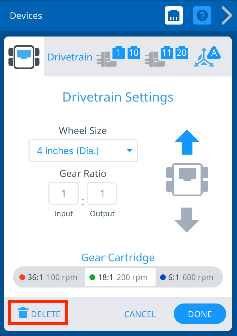 Jendela Pengaturan Drivetrain dengan tombol Hapus di sudut kiri bawah, di sebelah kiri tombol Batal dan Selesai, disorot dalam kotak merah yang menunjukkan apa yang harus dipilih untuk menghapus drivetrain dari konfigurasi.