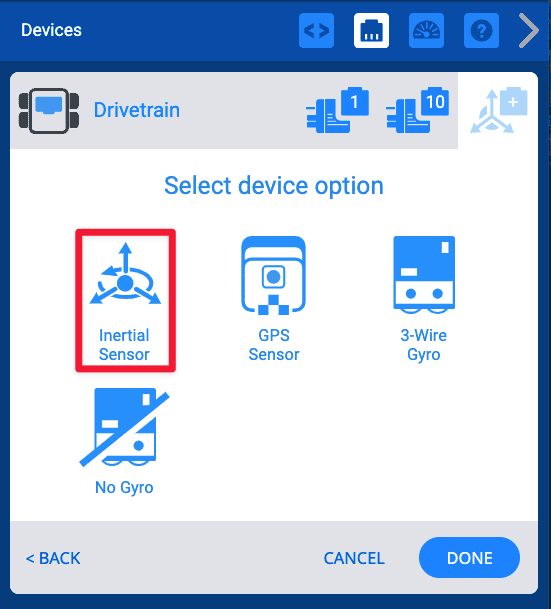 Drivetrain конфигурациясының терезесі үстіңгі жағында «Құрылғыны таңдау» опциясын оқиды және инерциялық сенсор, GPS сенсоры, 3 сымды гиро және гирозасыз опцияларының белгішелерін көрсетеді. Инерциялық сенсор қызыл жолақпен бөлектелген.