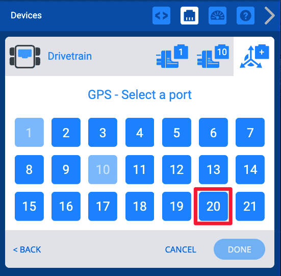 Порт таңдау терезесі үстіңгі жағында GPS таңдау портын оқиды және жоғарғы сол жақ бұрышта 1 түймесі бар 7 түймеден тұратын үш қатардағы 1-21 порттары үшін опцияларды көрсетеді. 20-порт қызыл жолақпен бөлектелген.