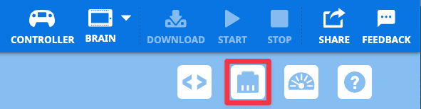 VEXcode V5 rīkjoslas labajā pusē ar sarkanā lodziņā iezīmētu ikonu Ierīces. Ikona Ierīces atrodas starp Code Viewer un Print Console ikonām.